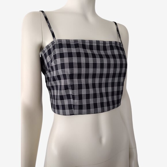Forever 21 Black Blue Houndstooth Plaid Smocked Back Cropped Cami Top - Picture 2 of 11